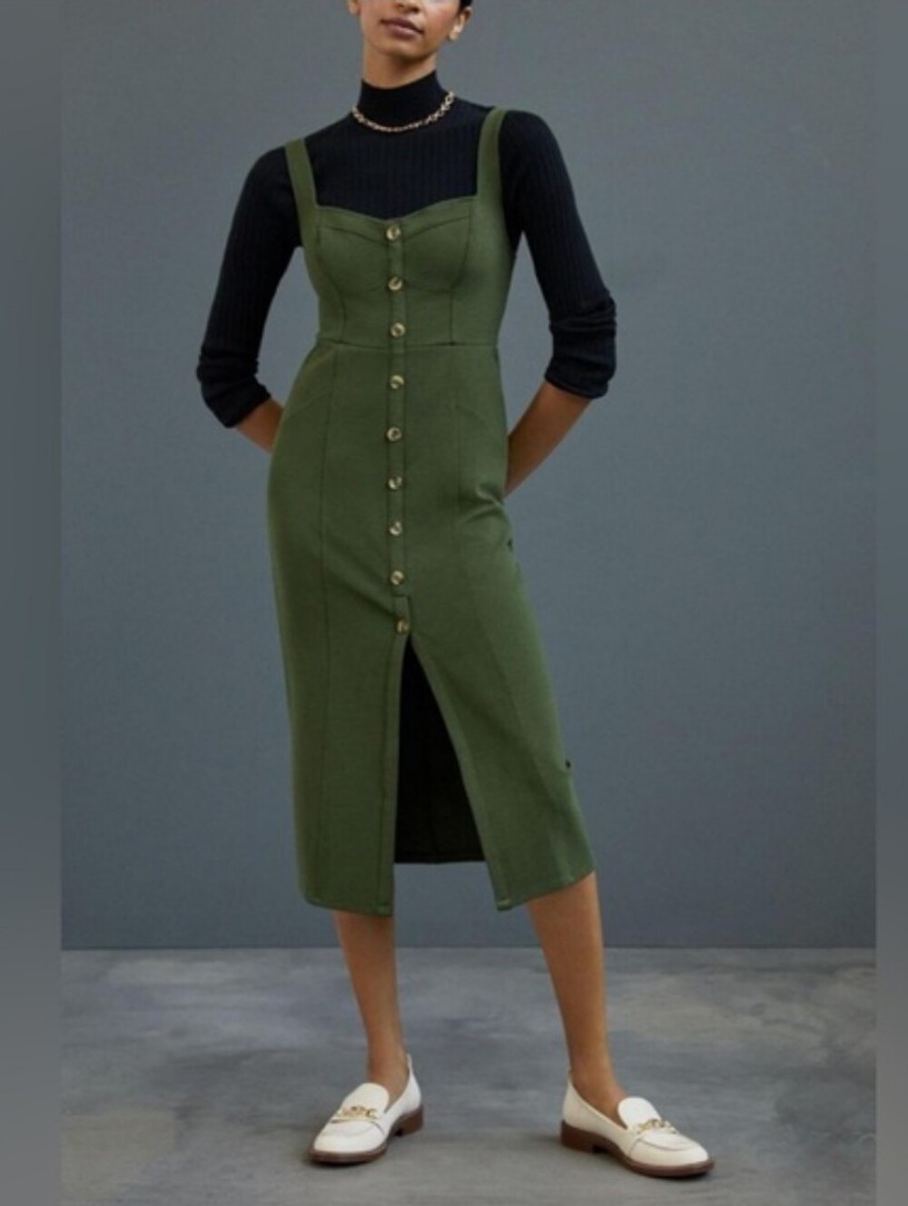 Anthropologie Maeve Moss Green Sweetheart Button Front Knit Midi Dress Size 6P